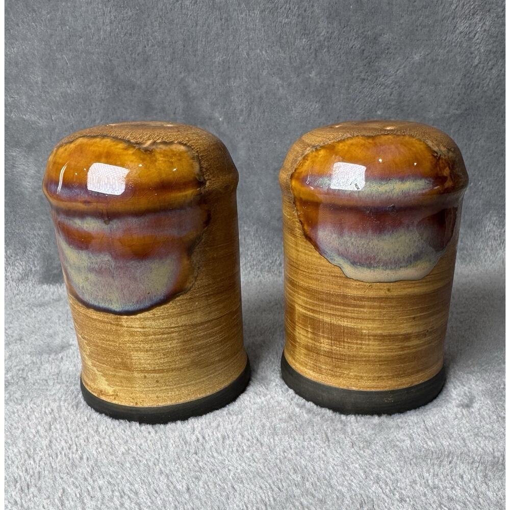 Gorgeous Vintage Studio Pottery SaltPepper Shakers Faux Woodgrain Glaze Handmade